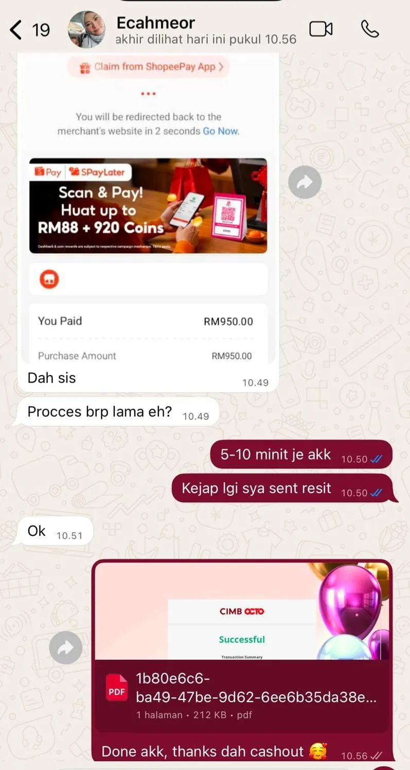 Bukti transaksi cashout pelanggan 1